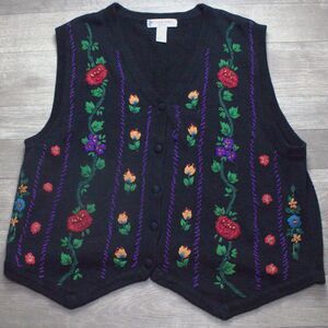 Victoria Jones Vintage Woman Black Floral Embroidered Sweater Vest 2X